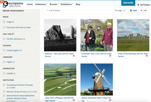 Screenshot showing Europeana search results